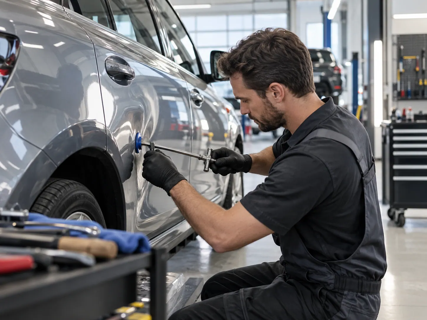 Técnico reparando una abolladura en el panel lateral de un vehículo