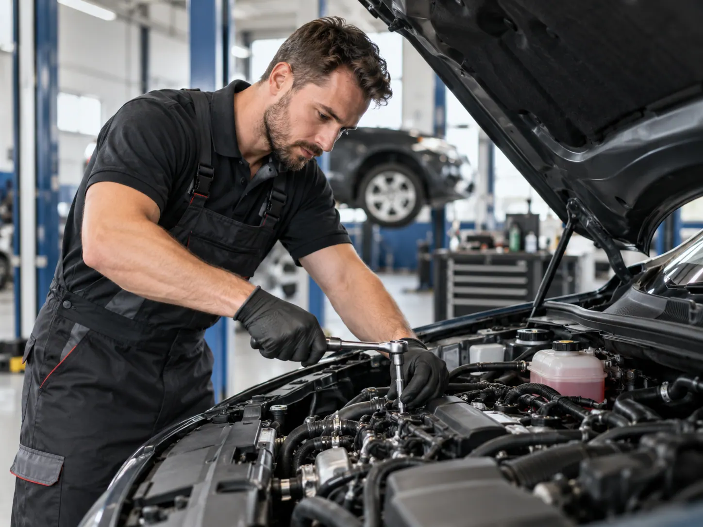 Técnico trabajando sobre el motor de un vehículo con el capó abierto